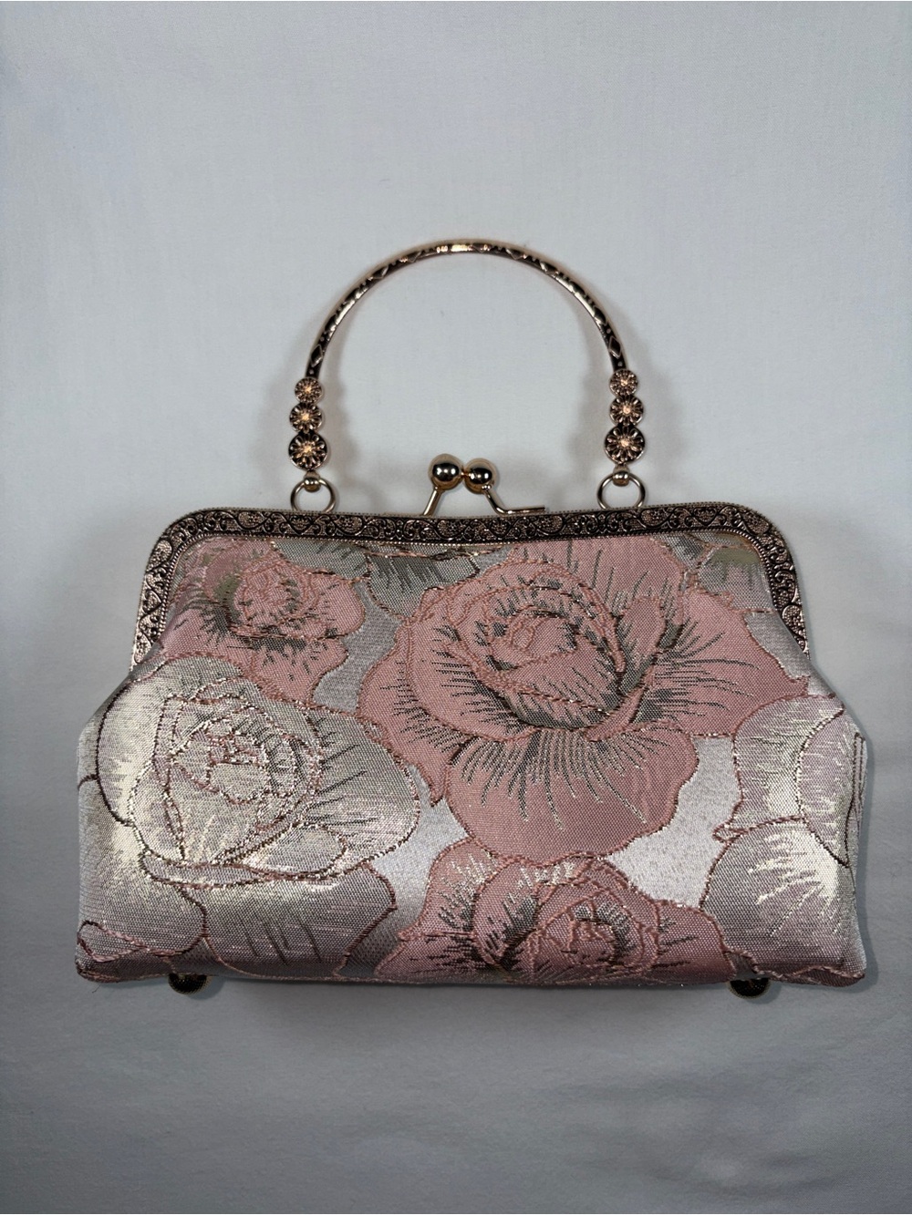 NWOT Rose Floral Brocade Kiss Lock Evening Clutch Bag / Top Handle Purse